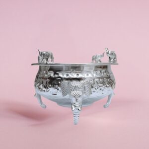 Elephant Design Silver Polish Brass Urli