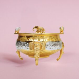 Elephant Design Silver & Gold Finish Brass Urli