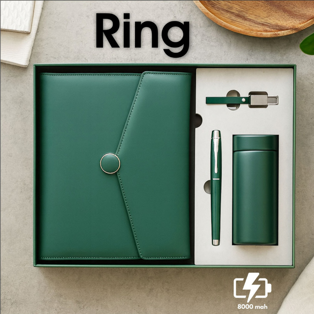 Ring Power Bank Organizer Gift Set with Flask & Pen Drive (8000mAh)