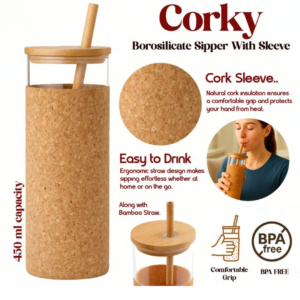Corky Borosilicate Glass Sipper with Cork Grip (450ml)