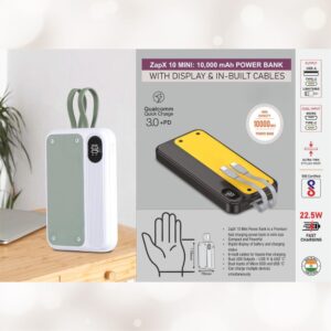 ZapX 10 Mini Compact Power Bank with Built In Cables 10000mAh