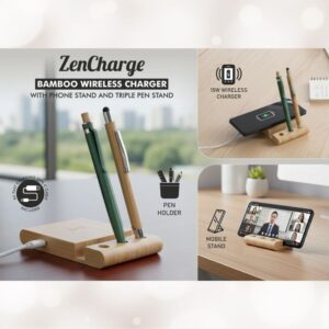 ZenCharge Bamboo Wireless Charger with Triple Pen Stand