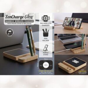 ZenCharge Glow Bamboo Wireless Charger with Pen Stand