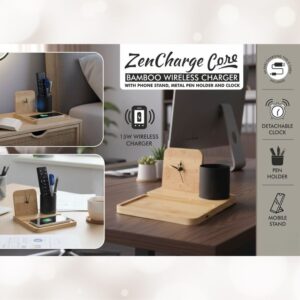 ZenCharge Core Bamboo Wireless Charger with Clock