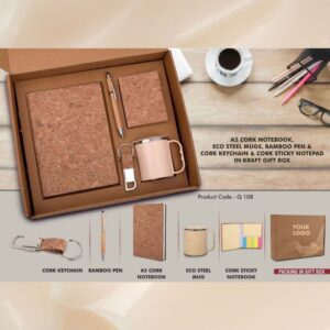 EcoSet 1: Set of A5 Cork notebook, 2 Eco Steel mugs, Bamboo Pen & Cork Keychain in Kraft Gift Box