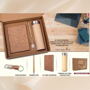 EcoSet 2: Set of A5 Cork notebook, Eco Steel mug, Bamboo Pen, Cork Keychain & Cork Sticky notepad in Kraft Gift Box