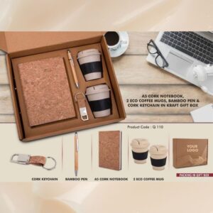 EcoSet 3: Set of A5 Cork notebook, Bamboo 304 Steel Vacuum Flask, Bamboo Pen & Cork Keychain in Kraft Gift Box