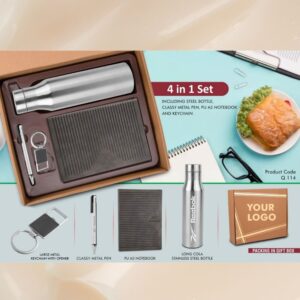 4 in 1 Black set: Tulip shape Keychain, SS Bottle, Metal Pen and A5 PU notebook in Kraft Gift Box