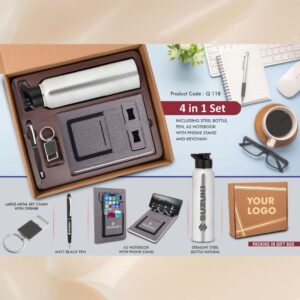 4 in 1 Dual Tone set: Rectangle metal keychain, SS colored bottle, Metal Pen and A5 PU notebook in Kraft Gift Box