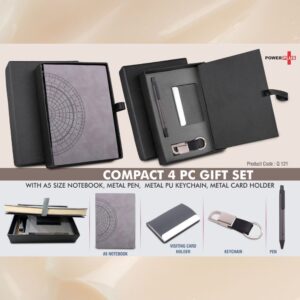 4 pc Notebook Set: A5 size notebook, Metal Pen, Loop Keychain & Visiting card holder in Gift box