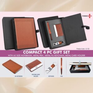 Compact 4 pc Gray gift set: A5 size Notebook, Metal pen, Metal PU Keychain, Metal Card holder