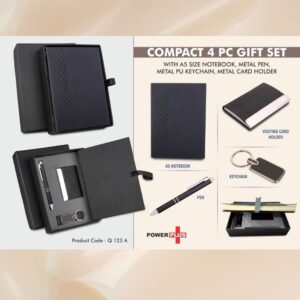 Compact 4 pc Tan gift set: A5 size Notebook, Metal pen, Metal PU Keychain, Metal Card holder