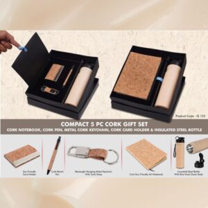 Compact 5 Pc Black Gift Set: A5 Size Notebook, Metal Pen, Metal PU Keychain, Metal Card Holder & Straight Steel Bottle