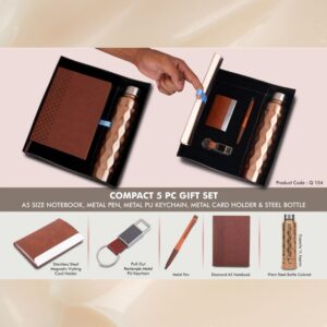 Compact 5 Pc Cork Gift Set: Cork Notebook, Cork Pen, Metal Cork Keychain, Cork Card Holder & Insulated Steel Bottle